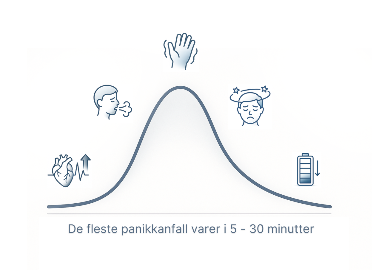 Illustrasjon som viser kurven for varighet av et panikkanfall med ikoner for symptomer langs kurven. Symptomene inkluderer h&oslash;y puls og hjertebank, pustevansker, skjelving, svimmelhet og utmattelse.