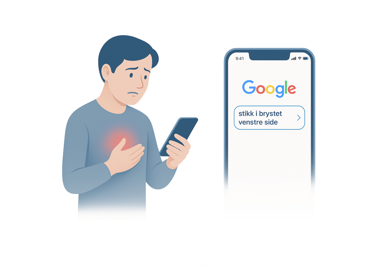 Illustrasjon som viser en bekymret mann med h&aring;nden mot brystet og mobilen i h&aring;nden. P&aring; skjermen s&oslash;ker han i Google etter &ldquo;stikk i brystet venstre side&rdquo; &ndash; et eksempel p&aring; helseangst og behov for &aring; finne svar.