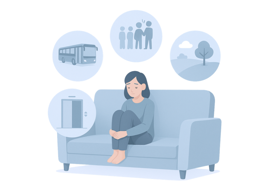llustrasjon av en kvinne med agorafobi som sitter p&aring; en sofa med opptrukne kn&aelig;r. Rundt henne vises fire symboler som representerer vanlige triggere: buss, folkemengde, &aring;pent landskap og heis. Illustrasjonen er laget i rolige bl&aring;toner.